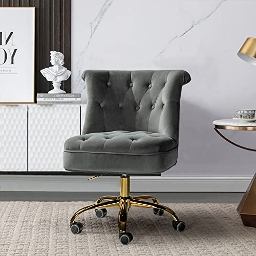 HULALA HOME Velvet Home Office Chair with Gold Base, Comfortable Modern Cute Desk Chair, Adjustable Swivel Task Chair for Living Room Bedroom Vanity Study/Grey