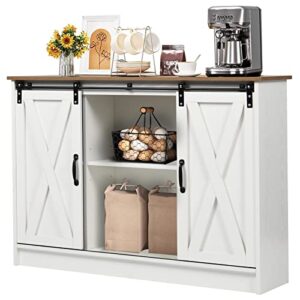 4 ever winner farmhouse coffee bar cabinet, kitchen buffet storage coffee cabinet station credenza cupboard with adjustable shelf, buffet cabinet with storage and sliding barn doors, white