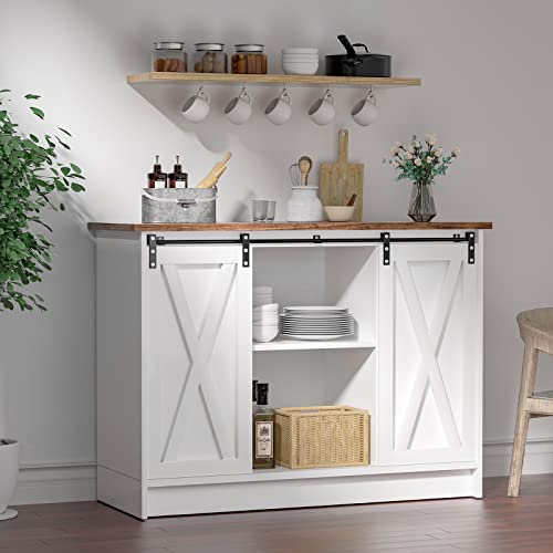 4 EVER WINNER Farmhouse Coffee Bar Cabinet, Kitchen Buffet Storage Coffee Cabinet Station Credenza Cupboard with Adjustable Shelf, Buffet Cabinet with Storage and Sliding Barn Doors, White