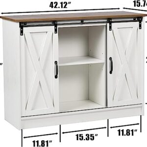 4 EVER WINNER Farmhouse Coffee Bar Cabinet, Kitchen Buffet Storage Coffee Cabinet Station Credenza Cupboard with Adjustable Shelf, Buffet Cabinet with Storage and Sliding Barn Doors, White