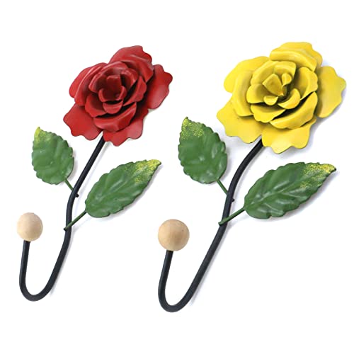 Mewutal 2PCS Decorative Rose Key Hook Wall Mounted Coat Holder Hat Rack for Hallway Bedroom Bathroom Living Room Cloakroom (Red+Yellow)