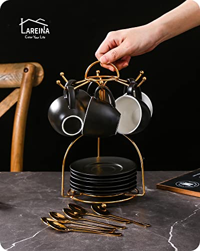 Lareina Espresso Cups with Saucers, Spoons and Metal holder, 3 oz Porcelain Demitasse Cups Set of 6, Small Coffee Cups with Handle for Nespresso Lungo, Espresso, Cortado and Tea, Black