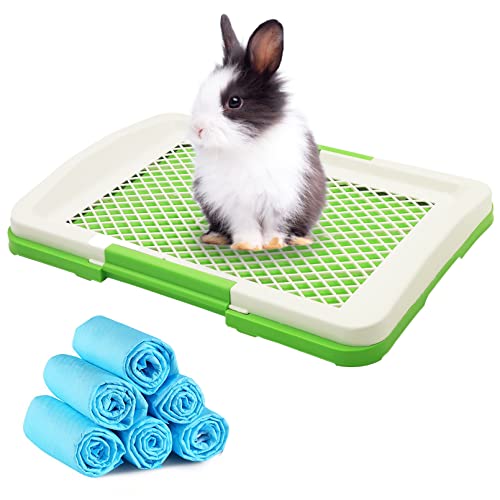 Fhiny Rabbit Litter Pan with 6 PCS Disposable Pee Pads, Guinea Pig Litter Box Plastic Small Animal Corner Potty Trainer for Bunny Guinea Pig Ferret Chinchilla Puppy