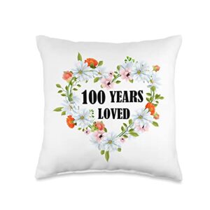 100th birthday gift ideas for her him floral old birthday men women 100 years loved throw pillow, 16x16, multicolor