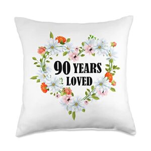 90th birthday gift ideas for her him floral old birthday men women 90 years loved throw pillow, 18x18, multicolor