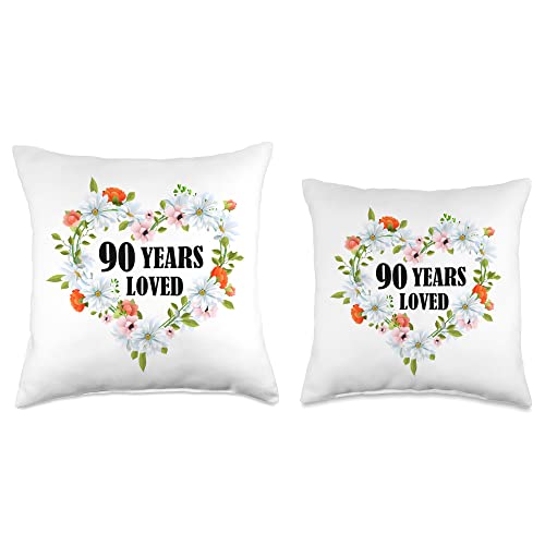 90th Birthday Gift Ideas for Her Him Floral Old Birthday Men Women 90 Years Loved Throw Pillow, 18x18, Multicolor