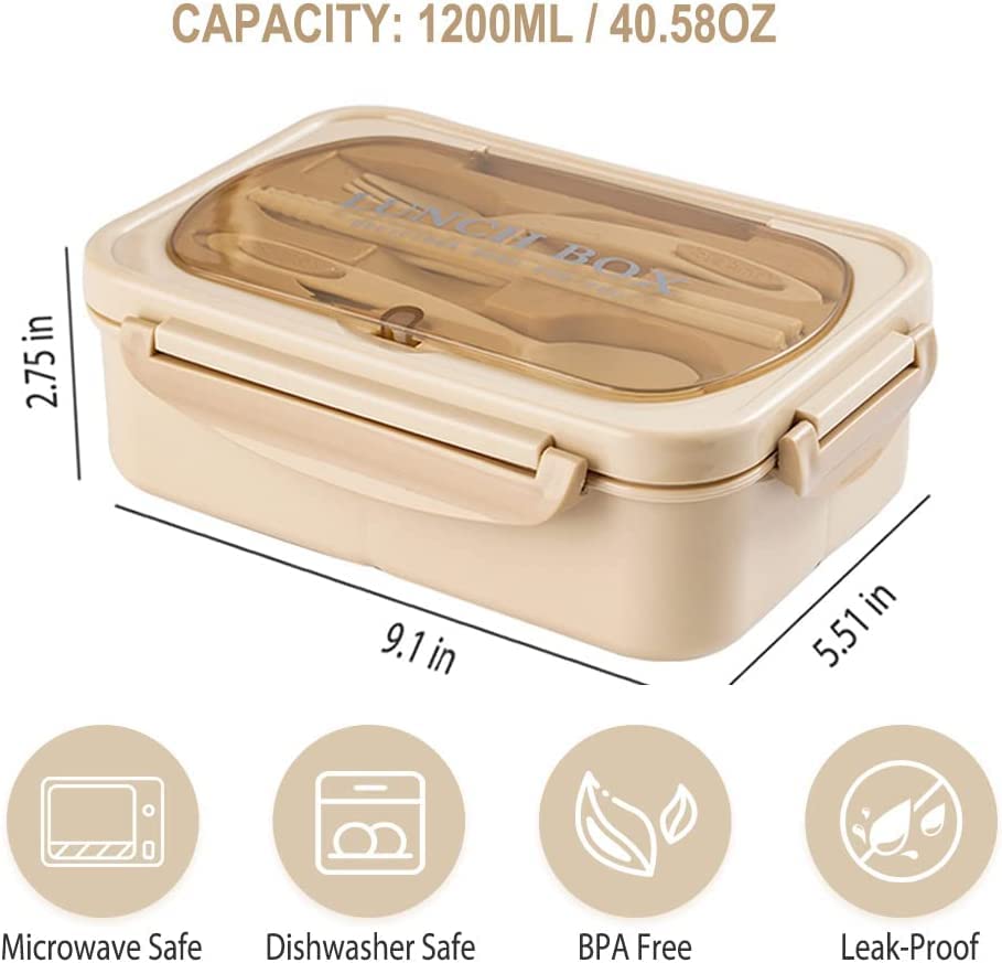 WILDAURORA Bento Box for Adult, 1200 ML Lunch Containers for Adults, LeakProof Lunch Box with Utensils, BPA Free, 3 Compartment Bento Box Microwave Safe