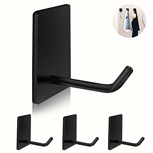 TONHTCAT Adhesive Hooks Heavy Duty, Long Stainless Steel Self Adhesive Wall Hook, Sticky Towel Hangers for Kitchen Bathroom, Waterproof Stick on Door Hooks for Hanging Key Hat Coat 4Pack(Black)