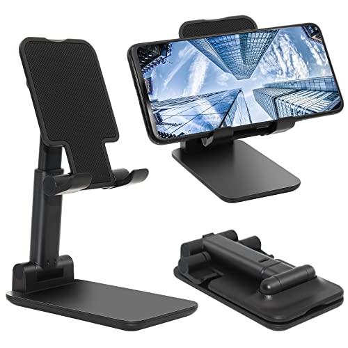 Cell Phone Stand, Folding Desktop Phone Stand, Angle Height Adjustable Mobile Phone Holder for Desk, Office, Tablet Stand Compatible with All iPhone, iPad, Samsung, 4-10’’ Cellphone & Tablet (Black)