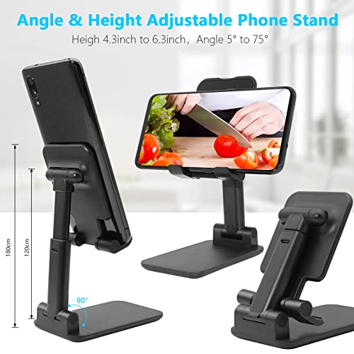 Cell Phone Stand, Folding Desktop Phone Stand, Angle Height Adjustable Mobile Phone Holder for Desk, Office, Tablet Stand Compatible with All iPhone, iPad, Samsung, 4-10’’ Cellphone & Tablet (Black)