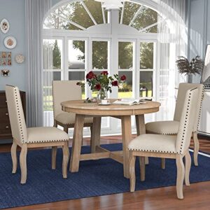 P PURLOVE 5 Pieces Dining Table Set Round Kitchen Extendable Dining Table with 4 Upholstered Chairs for Dining Room, Chair with Nail Head Trim, Bistro Table Set, Natural Wood Wash