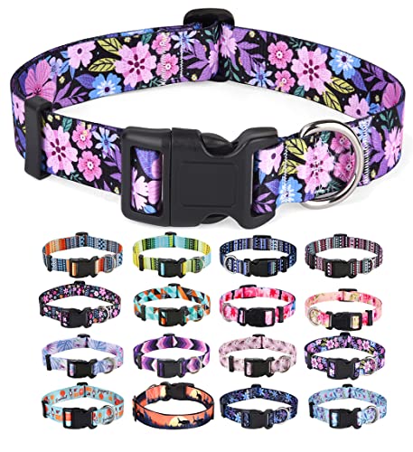 Mihqy Dog Collar with Bohemia Floral Tribal Geometric Patterns - Soft Ethnic Style Collar Adjustable for Small Medium Large Dogs(Floral Pink,M)