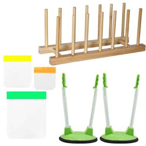 2 pack baggy rack holders for food prep bag holder stand, 1 pack bamboo dish drying rack stand drainer storage holder organizer and 3 pack reusable food storage bags, yamesu 6-piece kitchen gadgets