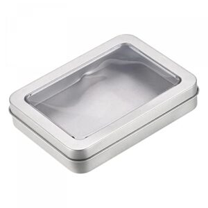 uxcell metal tin box, 4.53" x 3.35" x 0.87" rectangular empty tinplate storage containers with clear lids, silver tone