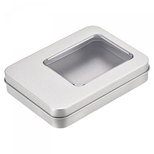 uxcell Metal Tin Box, 10pcs 4.53" x 3.35" x 0.87" Rectangular Empty Tinplate Storage Containers with Clear Window Lids, Silver Tone