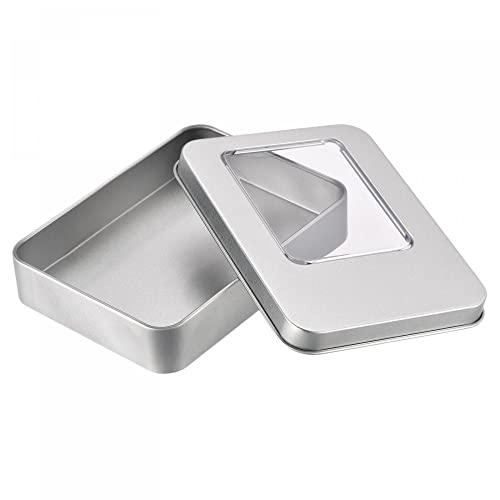 uxcell Metal Tin Box, 10pcs 4.53" x 3.35" x 0.87" Rectangular Empty Tinplate Storage Containers with Clear Window Lids, Silver Tone