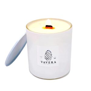 vavera fraser fir long burning wooden wick natural soy luxury pine scented candles (11oz/60 hr/matte white jar). smells like real pine tree! vegan soy candles hand-crafted in the usa.