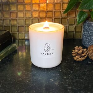 VAVERA Fraser Fir Long Burning Wooden Wick Natural Soy Luxury Pine Scented Candles (11oz/60 hr/Matte White Jar). Smells Like Real Pine Tree! Vegan Soy Candles Hand-Crafted in The USA.