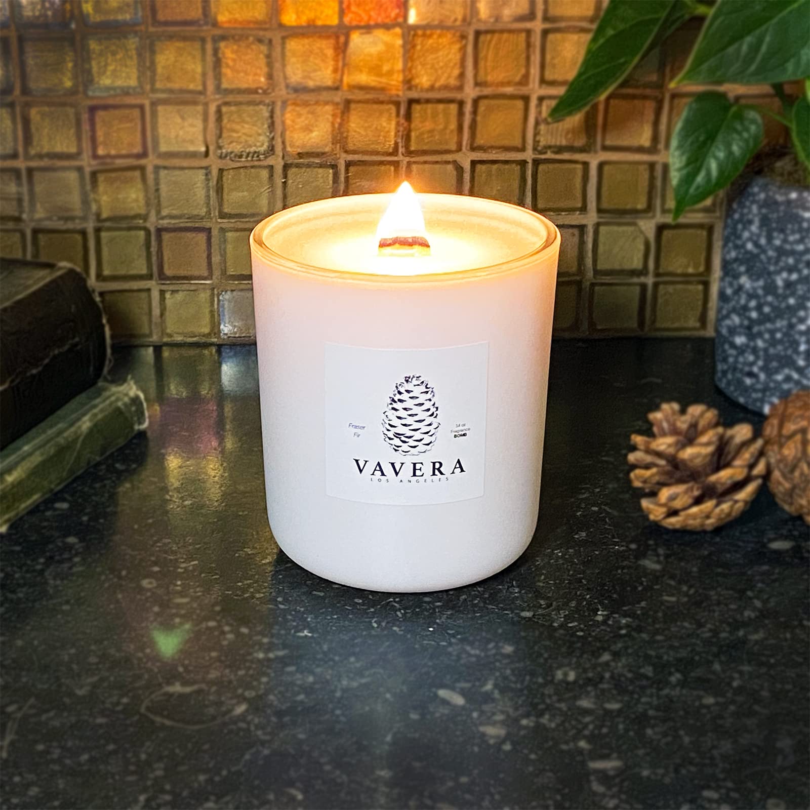 VAVERA Fraser Fir Long Burning Wooden Wick Natural Soy Luxury Pine Scented Candles (11oz/60 hr/Matte White Jar). Smells Like Real Pine Tree! Vegan Soy Candles Hand-Crafted in The USA.