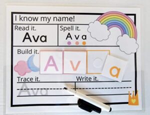 personalized dry erase name mat montessori preschool learning activity (pastel rainbow)