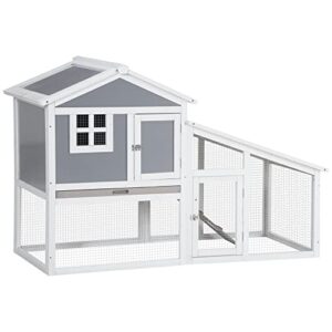 pawhut 59" wooden rabbit hutch, 2 tier pet playpen bunny house enclosure with sunlight panel roof, slide-out tray, and ramp, for rabbits and small animals, grey