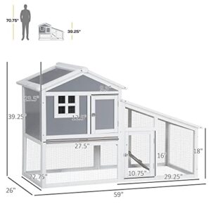 PawHut 59" Wooden Rabbit Hutch, 2 Tier Pet Playpen Bunny House Enclosure with Sunlight Panel Roof, Slide-Out Tray, and Ramp, for Rabbits and Small Animals, Grey