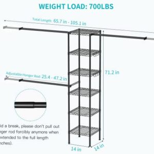 Ulif M1 Closet Storage Organizer System, 6 Tiers Heavy Duty Metal Clothing Garment Rack with 3 Expandable Hanger Rods, Wall Mounted Space Saver Suits from 3.3-8.7 ft. Width, 71.2”H x 14”D, Black