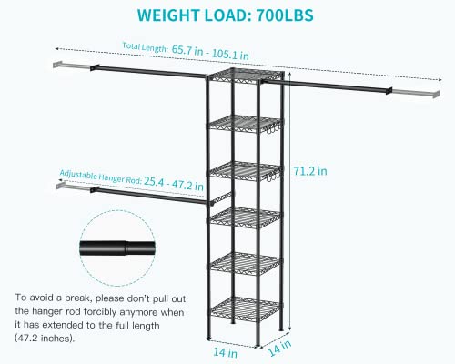 Ulif M1 Closet Storage Organizer System, 6 Tiers Heavy Duty Metal Clothing Garment Rack with 3 Expandable Hanger Rods, Wall Mounted Space Saver Suits from 3.3-8.7 ft. Width, 71.2”H x 14”D, Black