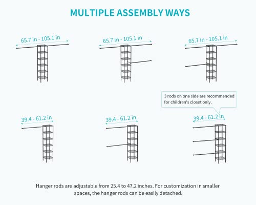 Ulif M1 Closet Storage Organizer System, 6 Tiers Heavy Duty Metal Clothing Garment Rack with 3 Expandable Hanger Rods, Wall Mounted Space Saver Suits from 3.3-8.7 ft. Width, 71.2”H x 14”D, Black