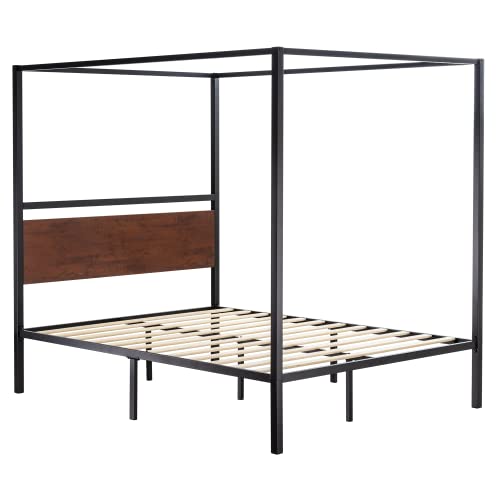 SHA CERLIN Queen Size Metal Canopy Bed Frame with Wooden Headboard, 4-Poster Platform Bed with Wood Slats Support/No Box Spring Needed/Easy Assembly/Sanders