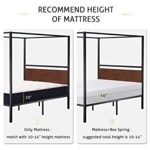 SHA CERLIN Queen Size Metal Canopy Bed Frame with Wooden Headboard, 4-Poster Platform Bed with Wood Slats Support/No Box Spring Needed/Easy Assembly/Sanders
