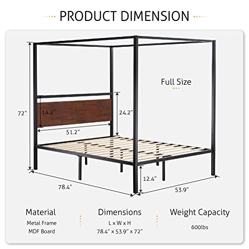 SHA CERLIN Queen Size Metal Canopy Bed Frame with Wooden Headboard, 4-Poster Platform Bed with Wood Slats Support/No Box Spring Needed/Easy Assembly/Sanders