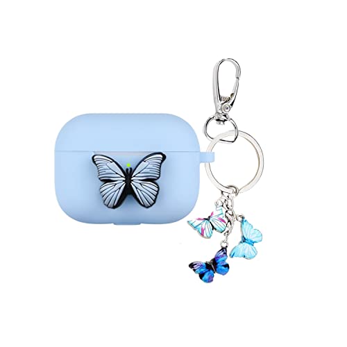 Case for Airpods Pro Case Protective Cute Butterfly Silicone Case Cover Portable & Shockproof Women Girls with Butterfly Keychain Clip for Apple Airpod Pro Charging Case (Blue)