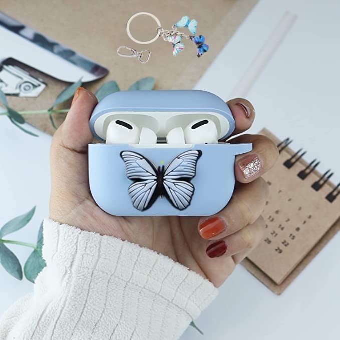 Case for Airpods Pro Case Protective Cute Butterfly Silicone Case Cover Portable & Shockproof Women Girls with Butterfly Keychain Clip for Apple Airpod Pro Charging Case (Blue)