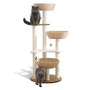 54" modern cat tree tower for large cats, 3cat nests manual hand woven multilevel huge paws pals cat tree, wood cat tower, cat scratching tree, cat condo, cat lover gift, real branch luxury cat condo