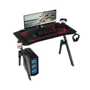 43 inch gaming desk, ergonomic computer desk k-shaped sturdy craft table, home office student writing table with handle rack, cup holder, headphone hook, full mouse pad, black