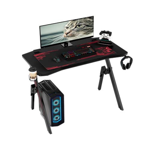 43 inch Gaming Desk, Ergonomic Computer Desk K-Shaped Sturdy Craft Table, Home Office Student Writing Table with Handle Rack, Cup Holder, Headphone Hook, Full Mouse pad, Black