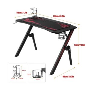43 inch Gaming Desk, Ergonomic Computer Desk K-Shaped Sturdy Craft Table, Home Office Student Writing Table with Handle Rack, Cup Holder, Headphone Hook, Full Mouse pad, Black