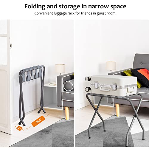 ELYKEN 2 Pack Folding Luggage Rack for Guest Room, Heavy Duty Max 110LBS Loading Bearing Suitcase Holder, Easily Assemble Metal Stand, Narrow Foldable Space Saving Hotel Storage Rack, Grey
