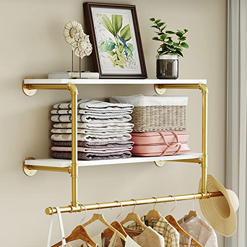 MAIKAILUN Wall Mounted Clothes Rack Gold with Shelves, 42" Long Industrial Pipe Clothing Rack with 2 Tier Shelves Heavy Duty Iron Garment Rack Bar,Retail Display Clothes Rod for Clothes,Laundry Room