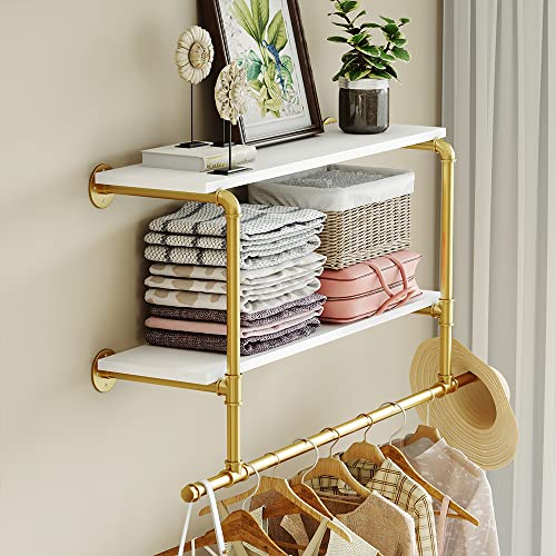 MAIKAILUN Wall Mounted Clothes Rack Gold with Shelves, 42" Long Industrial Pipe Clothing Rack with 2 Tier Shelves Heavy Duty Iron Garment Rack Bar,Retail Display Clothes Rod for Clothes,Laundry Room