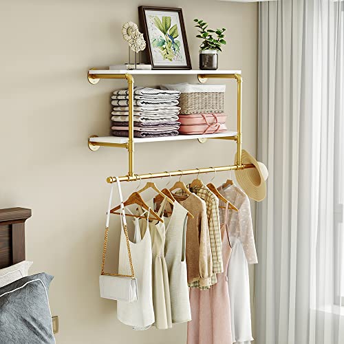 MAIKAILUN Wall Mounted Clothes Rack Gold with Shelves, 42" Long Industrial Pipe Clothing Rack with 2 Tier Shelves Heavy Duty Iron Garment Rack Bar,Retail Display Clothes Rod for Clothes,Laundry Room