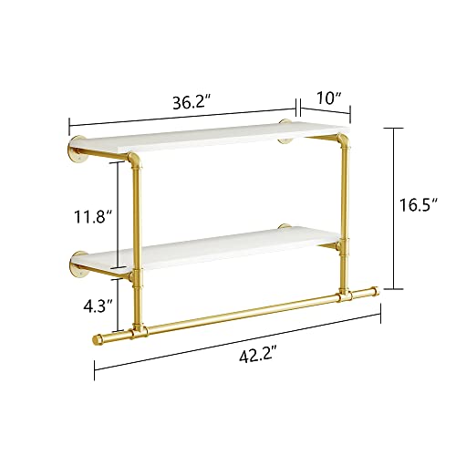 MAIKAILUN Wall Mounted Clothes Rack Gold with Shelves, 42" Long Industrial Pipe Clothing Rack with 2 Tier Shelves Heavy Duty Iron Garment Rack Bar,Retail Display Clothes Rod for Clothes,Laundry Room