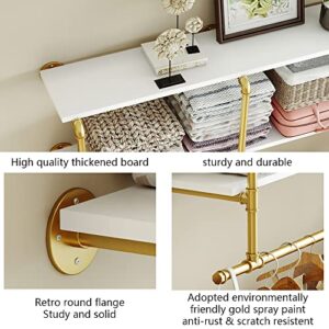 MAIKAILUN Wall Mounted Clothes Rack Gold with Shelves, 42" Long Industrial Pipe Clothing Rack with 2 Tier Shelves Heavy Duty Iron Garment Rack Bar,Retail Display Clothes Rod for Clothes,Laundry Room