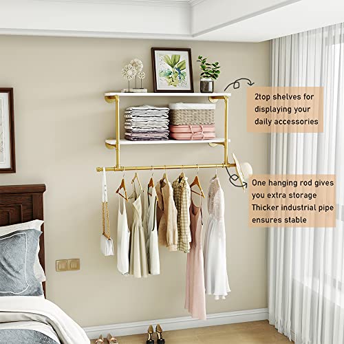 MAIKAILUN Wall Mounted Clothes Rack Gold with Shelves, 42" Long Industrial Pipe Clothing Rack with 2 Tier Shelves Heavy Duty Iron Garment Rack Bar,Retail Display Clothes Rod for Clothes,Laundry Room