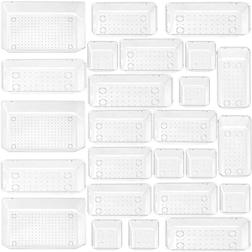 25 PCS Drawer Organizer Set Clear Plastic Acrylic Organizers Desk Drawer Dividers Trays 4 Different Sizes Large Capacity Bathroom Drawer Organizer for Makeup, Jewelries, Kitchen Utensils and Office