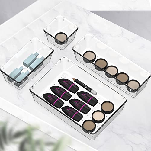 25 PCS Drawer Organizer Set Clear Plastic Acrylic Organizers Desk Drawer Dividers Trays 4 Different Sizes Large Capacity Bathroom Drawer Organizer for Makeup, Jewelries, Kitchen Utensils and Office