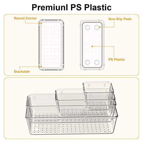 25 PCS Drawer Organizer Set Clear Plastic Acrylic Organizers Desk Drawer Dividers Trays 4 Different Sizes Large Capacity Bathroom Drawer Organizer for Makeup, Jewelries, Kitchen Utensils and Office