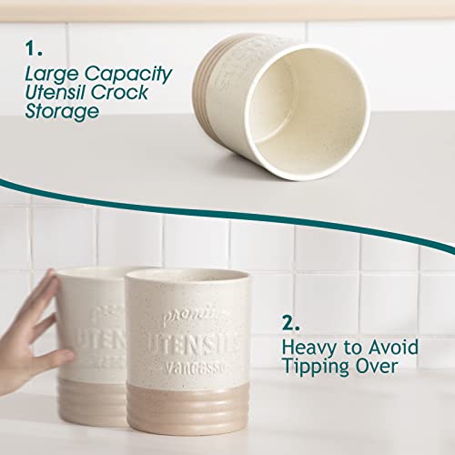 vancasso Sabine Utensil Holder, 7.2" Large Utensil Crock for Kitchen Counter, Ceramic Utensil Crock Storage, Matte Cream-Colored Farmhouse Utensil Organizer, Utensil Storage for Home Décor, Gifts