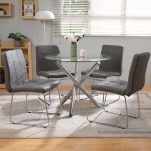 5 pieces, dinner table set for 4, dining table set for 4, 1 round glass dining table and 4 faux leather kitchen chairs for dining room, small space, apartment, living room, chrome metal legs, grey
